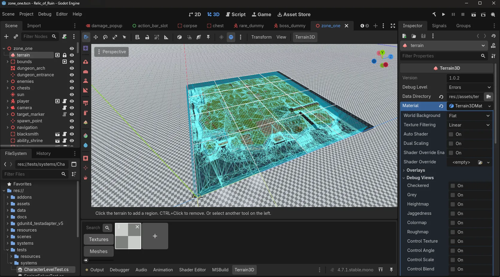 Zone one open in the Godot editor, terrain wireframe and navigation mesh drawn over the level, with the scene tree of hand-placed nodes down the left side